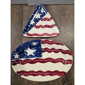 Expressly Yours Hand-Painted Artist Signed Americana USA Platter Plate Set
